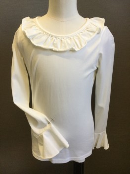 Childrens, Top, SHRIMP & GRITS KIDS, Cream, Cotton, Spandex, Solid, C: 26, Round Neck with Self Ruffles, Small Key Hole Back with Short Self Tie, Long Sleeves with Large Ruffle Hem