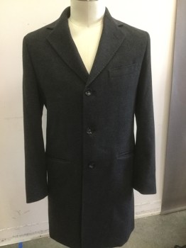 Mens, Coat, Overcoat, BARNEYS, Charcoal Gray, Cashmere, Solid, 38, Heathered Charcoal, Notched Lapel, Button Front, Slit Pockets