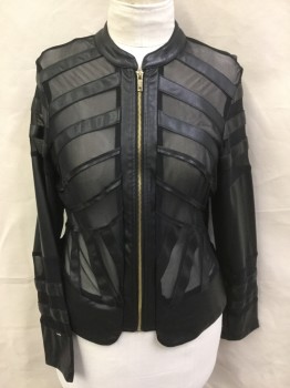 ASHLEY STEWART, Black, Polyester, Leather, Solid, Stripes - Diagonal , Sheer Black with Black Leather Diagonal Cut Out Stripes Front & Horizontal Back, Stand Collar Attached, Brass Zip Front, Long Sleeves,