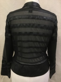 ASHLEY STEWART, Black, Polyester, Leather, Solid, Stripes - Diagonal , Sheer Black with Black Leather Diagonal Cut Out Stripes Front & Horizontal Back, Stand Collar Attached, Brass Zip Front, Long Sleeves,