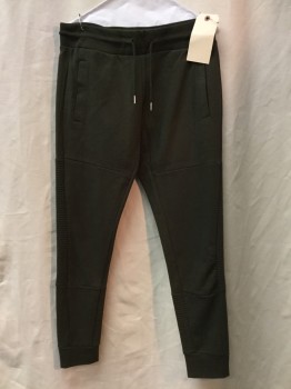 Mens, Sweatsuit Pants, ZARA, Olive Green, Cotton, Polyester, Solid, Olive, Drawstring Waist, Ribbed Sides