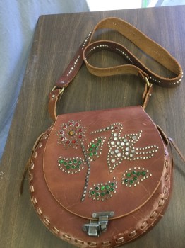 H I C   LEATHER, Brown, Sienna Brown, Red, Green, Yellow, Rhinestones, Floral, Animal Print, Round Leather with Flap and Metal Closure, Stud and Rhinestone Flower and Hummingbird Pattern, Cross Over Strap
