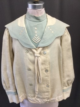 Childrens, Jacket 1890s-1910s, MTO, Cream, Mint Green, Wool, Solid, C:36, Scalloped Sailor Collar with Mint Flannel Inset, Sewn Detail Stripes, Embroidered Stars, Double Breasted, Attached Scarf Sailor Tie, Mint Ribbed Cuffs,