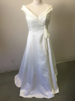 Womens, Wedding Gown, JESSICA MCCLINTOCK, Off White, Polyester, Acetate, Solid, Sz. 10, Matte Satin, Sleeveless with 2" Wide Straps, V-neck with Shawl Wrapped Detail, Self Knot with Hanging Tabs at Side Front, Floor Length, Tulle Underlayer for Extra Volume, Invisible Zipper at Side