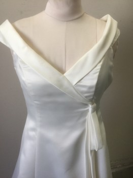 Womens, Wedding Gown, JESSICA MCCLINTOCK, Off White, Polyester, Acetate, Solid, Sz. 10, Matte Satin, Sleeveless with 2" Wide Straps, V-neck with Shawl Wrapped Detail, Self Knot with Hanging Tabs at Side Front, Floor Length, Tulle Underlayer for Extra Volume, Invisible Zipper at Side