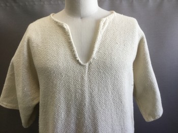 Mens, Historical Fiction Tunic, MTO, Off White, Cotton, Basket Weave, OS, Boat Neck with Open Neck Slit, Short Sleeves, Long