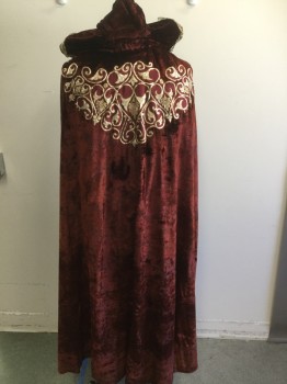 Unisex, Historical Fiction Robe , MTO, Red, Red Burgundy, Gold, Synthetic, Metallic/Metal, Floral, Size, No, Panne Velvet, Gold Metal Embroidery Around Neck, One Clasp at Neck, Hood with Gold Lace, Inner Cape Ties