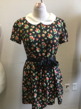 FOREVER 21, Black, Red, Salmon Pink, White, Green, Polyester, Floral, Pleated Skirt, Strawberry Pattern, Short Sleeves, Cream Lacey Peter Pan Collar, Side Zip, with Black Self Tie Belt, Keyhole Back