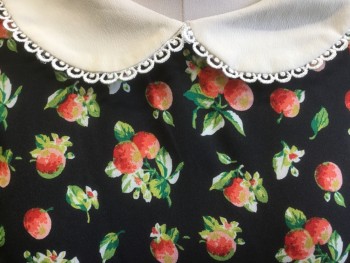FOREVER 21, Black, Red, Salmon Pink, White, Green, Polyester, Floral, Pleated Skirt, Strawberry Pattern, Short Sleeves, Cream Lacey Peter Pan Collar, Side Zip, with Black Self Tie Belt, Keyhole Back