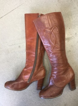 Womens, Boots, SBICCA, Brown, Leather, Solid, 6.5, Below Knee Length, 3" Wood Heel, Oval Toe, Side Zipper, Curved Stitching Detail Near Top, **Has Some Wear at Toes