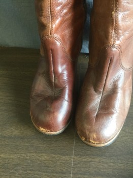 Womens, Boots, SBICCA, Brown, Leather, Solid, 6.5, Below Knee Length, 3" Wood Heel, Oval Toe, Side Zipper, Curved Stitching Detail Near Top, **Has Some Wear at Toes