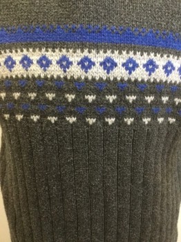 GYMBOREE, Gray, White, Blue, Cotton, Nylon, Novelty Pattern, V-neck, Pull Over Sweater Knit Vest, Novelty Pattern Hstripe, Rib Knit Detail
