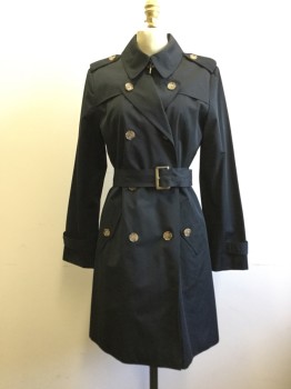 N/L, Black, Polyester, Solid, Double Breasted, Collar Attached, Epaulets, Caped Front and Back, 2 Pockets, Button Tab Cuffs, Self Belt with Tortoise Shell Buckle, Belt Loops