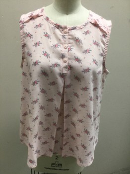 Childrens, Top, GAP KIDS, Lt Pink, Multi-color, Navy Blue, Pink, Lt Blue, Polyester, Floral, Girls, 14, Girls Size, Light Pink with Busy Floral Pattern, Sleeveless, 3 Button Front, Self Fabric Ruffle at Shoulder Seams