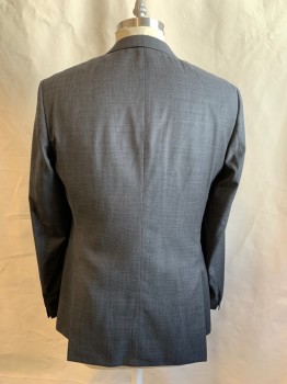 HUGO BOSS, Charcoal Gray, Wool, Birds Eye Weave, Single Breasted, Collar Attached, Notched Lapel, Hand Picked Collar/Lapel, 3 Pockets, 2 Buttons