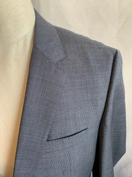 HUGO BOSS, Charcoal Gray, Wool, Birds Eye Weave, Single Breasted, Collar Attached, Notched Lapel, Hand Picked Collar/Lapel, 3 Pockets, 2 Buttons