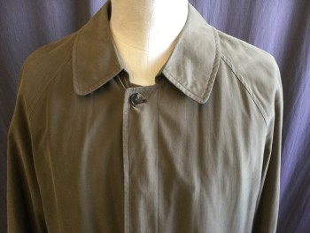 BROOKS BROTHERS, Brown, Synthetic, Solid, Brown with Olive Tint, Single Breasted, Hidden Placket, Raglan Long Sleeves, Collar Attached, 2 Pockets, Button Tab Cuffs