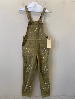 Womens, Overalls, ANTHROPOLOGY, Olive Green, White, Cotton, Elastane, Solid, Speckled, 25, Knotted Shoulder Straps, White Speckled Paint and Bleach, Belt Loops, 7p