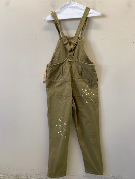 Womens, Overalls, ANTHROPOLOGY, Olive Green, White, Cotton, Elastane, Solid, Speckled, 25, Knotted Shoulder Straps, White Speckled Paint and Bleach, Belt Loops, 7p