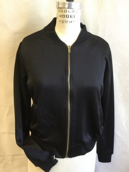 HOT KISS, Black, Polyester, Solid, Ribbed Knit Collar Attached, Long Sleeves Cuff & Hem, Gold Zip Front, 2 Slant Pockets