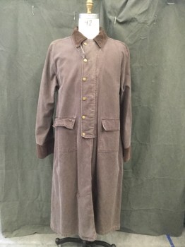 Mens, Coat, Duster, SCULLY, Dusty Brown, Cotton, Solid, L, Metal Button Front, Brown Corduroy Collar and Cuff, 2 Flap Pockets, Saddle Gusset, 2 Interior Leg Straps
