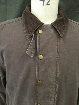 Mens, Coat, Duster, SCULLY, Dusty Brown, Cotton, Solid, L, Metal Button Front, Brown Corduroy Collar and Cuff, 2 Flap Pockets, Saddle Gusset, 2 Interior Leg Straps