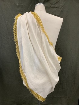 Mens, Historical Fiction Robe, MTO, White, Gold, Linen, Solid, L/XL, Greek, Short Chiton, Pleated One Shoulder Into Skirt, Open Side, Gold Braided Tassel Fringe Trim, Multiple