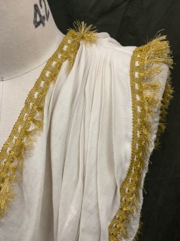 Mens, Historical Fiction Robe, MTO, White, Gold, Linen, Solid, L/XL, Greek, Short Chiton, Pleated One Shoulder Into Skirt, Open Side, Gold Braided Tassel Fringe Trim, Multiple