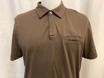 BANANA REPUBLIC, Chocolate Brown, Cotton, Solid, Collar Attached, 1 Button Placket, Short Sleeves, 1 Chest Welt Pocket