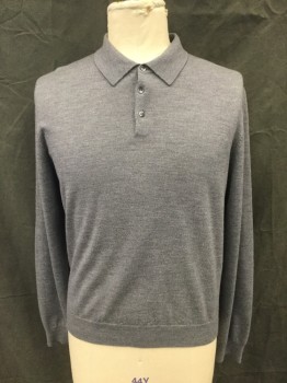 MEN'S STORE, Gray, Wool, Solid, Polo Style, Long Sleeves, 3 Buttons,  Ribbed Knit Collar/Cuff/Waistband