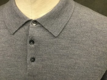 MEN'S STORE, Gray, Wool, Solid, Polo Style, Long Sleeves, 3 Buttons,  Ribbed Knit Collar/Cuff/Waistband