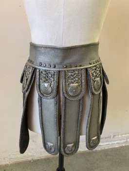 Mens, Historical Fiction Piece 2, N/L MTO, Silver, Leather, Metallic/Metal, Solid, Swirl , W30-32, Roman Warrior Skirt, 2.5" Wide Waistband, Hanging Tabs with Intricate Cording/Passementarie Etc, Velcro Closure, Metal Studs, Made To Order