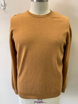 Mens, Pullover Sweater, ERMENEGILDO ZEGNA, Camel Brown, Cashmere, Solid, XL, Long Sleeves, Crew Neck, Rib Knit Collar Cuffs and Waistband