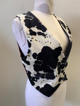 Womens, Vest, HONEY COLLECTION, White, Black, Nylon, Acetate, Animal Print, B:38, L, Fuzzy Cow Print, 3 Buttons, 2 Faux Pockets, Burgundy Faille Lining and Back