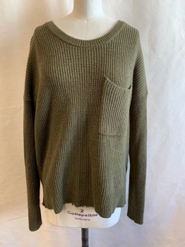 Womens, Pullover, MADEWELL, Olive Green, Cotton, Viscose, XS, Scoop Neck, 1 Breast Pocket, Knit