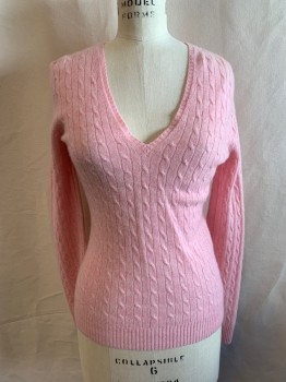 Womens, Pullover, J. CREW, Lt Pink, Cashmere, Heathered, Solid, S, V-neck, Long Sleeves, Self Stripe