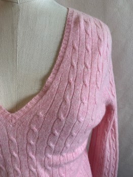 Womens, Pullover, J. CREW, Lt Pink, Cashmere, Heathered, Solid, S, V-neck, Long Sleeves, Self Stripe