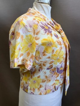 Womens, Blouse, FASHION FADS, Off White, Mustard Yellow, Lavender Purple, Lt Brown, Nylon, Floral, B:44, Short Sleeves, Button Front with Yellow Plastic Buttons, Shawl Collar with Self Tie Bow at Front