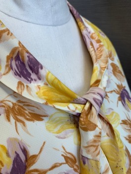 FASHION FADS, Off White, Mustard Yellow, Lavender Purple, Lt Brown, Nylon, Floral, Short Sleeves, Button Front with Yellow Plastic Buttons, Shawl Collar with Self Tie Bow at Front