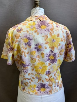 FASHION FADS, Off White, Mustard Yellow, Lavender Purple, Lt Brown, Nylon, Floral, Short Sleeves, Button Front with Yellow Plastic Buttons, Shawl Collar with Self Tie Bow at Front