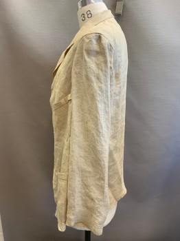 Womens, Jacket 1890s-1910s, MTO, Ecru, Linen, Solid, 40R, Single Breasted, 3 Buttons,  Notched Lapel, Aged, 3 Patch Pocket,
