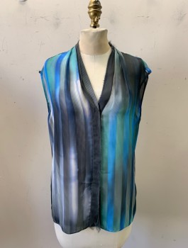 ELIE TAHARI, Blue, Multi-color, Silk, Polyester, Stripes, V-N, Button Front, Slvls, Raw Edge on Bttn. Placket and Neck, Blue, Green, and Black Stripes, Sheer