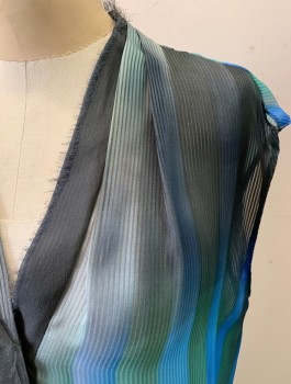 ELIE TAHARI, Blue, Multi-color, Silk, Polyester, Stripes, V-N, Button Front, Slvls, Raw Edge on Bttn. Placket and Neck, Blue, Green, and Black Stripes, Sheer