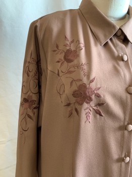 ROAMAN'S, Brown, Polyester, Solid, 1980's/1990's, Fabric Covered Button Front, Collar Attached, Long Sleeves, Button Cuff, Ankle Length, Brown Floral Embroidery