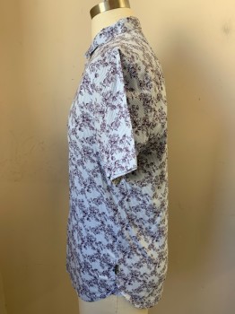 JOHN VARVATOS, White, Lt Blue, Aubergine Purple, Cotton, Cotton, Stripes - Vertical , Floral, Button Front, Short Sleeves, Collar Attached, Grey Buttons
