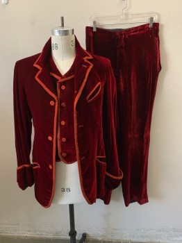Mens, Historical Fiction Piece 1, MTO, Iridescent Red, Synthetic, Solid, 32/32, 38, Velvet Jacket, 3 Btn Single Breasted, Notched Lapels, 4 Btn Folded Cuffs, 3 Pckts, Brick Red Grosgrain Trim on Front Coat Edges/Covered Btns/Pckt Welts/Cuffs, *Small Tears and Holes*
