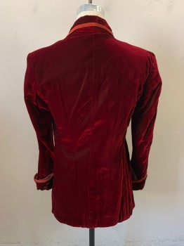 Mens, Historical Fiction Piece 1, MTO, Iridescent Red, Synthetic, Solid, 32/32, 38, Velvet Jacket, 3 Btn Single Breasted, Notched Lapels, 4 Btn Folded Cuffs, 3 Pckts, Brick Red Grosgrain Trim on Front Coat Edges/Covered Btns/Pckt Welts/Cuffs, *Small Tears and Holes*