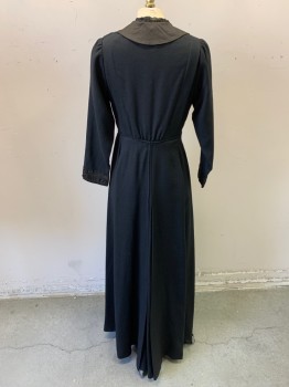 Womens, Dress 1890s-1910s, MTO, Black, Wool, Silk, Solid, Gabardine, L/S, Faded Black Silk Collar and Inner Bodice with Button Detail, Also at Wrists, Sheer Black Tiny Pleating at Neck, Hooks & Bars with Snaps,