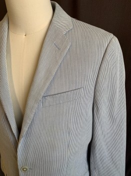 J CREW, White, Blue, Cotton, Stripes - Pin, Single Breasted, 2 Buttons, 3 Pockets, Notched Lapel, Double Vent