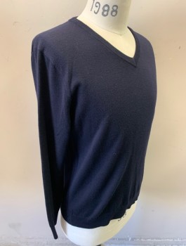 J.CREW, Navy Blue, Wool, Solid, Knit, V-neck, Long Sleeves